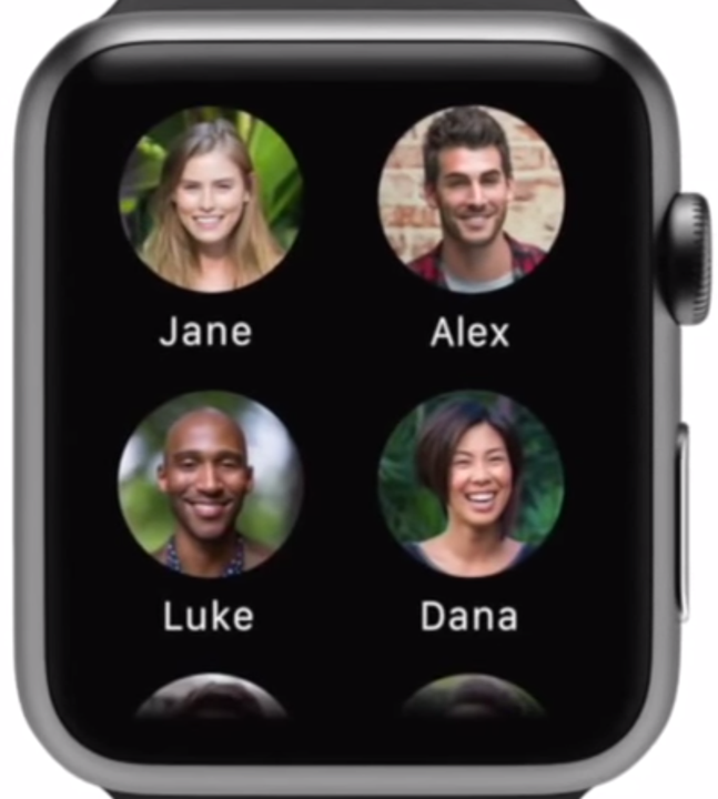 Foto van een Apple-watch. Er zijn contactpersonen te zien die -heel gek- elk maar een naam met vier karakters hebben, zoals Jane, Alex, Luke, Dana.