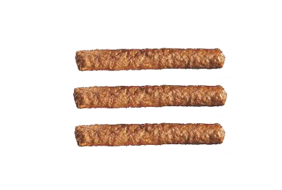 Drie frikandellen onder elkaar, als een hamburgermenu-icoontje
