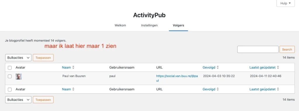 Onder 'volgers' zie je hoeveel gebruikers je activitypub profiel volgen en wat je van ze weet. Dat zijn: naam, avatar, URL en datums van eerste contact (volgen) en laatste activiteit.