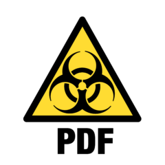 Waarschuwingssymbool voor biohazard (biologisch gevaar) met daaronder 'PDF'. Alsof PDF besmet is hihi. Vat je 'm?
