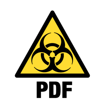 Waarschuwingssymbool voor biohazard (biologisch gevaar) met daaronder 'PDF'. Alsof PDF besmet is hihi. Vat je 'm?